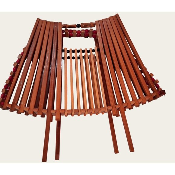 Collapsible Wooden Fruit Basket MCM Red Beads Accents Vintage Teak Wood - Picture 9 of 12
